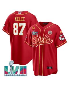 Men's Kansas City Chiefs #87 Travis Kelce Red With 4-star C Patch And Super Bowl LVII Patch Cool Bae Stitched Baseball Jersey