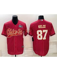 Men's Kansas City Chiefs #87 Travis Kelce Red With Super Bowl LVII Patch Cool Base Stitched Baseball Jersey