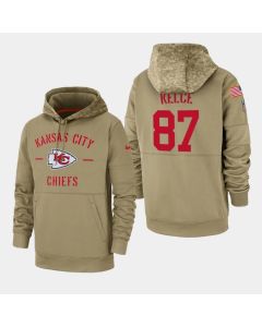 Men's Kansas City Chiefs #87 Travis Kelce Tan 2019 Salute to Service Sideline Therma Pullover Hoodie