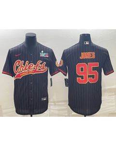 Men's Kansas City Chiefs #95 Chris Jones Black With Super Bowl LVII Patch Cool Base Stitched Baseball Jersey