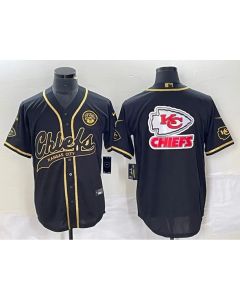 Men's Kansas City Chiefs Black Gold Team Big Logo With Patch Cool Base Stitched Baseball Jersey