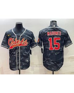 Men's Kansas City Chiefs Blank #15 Patrick Mahomes Grey/Navy Camo With Patch Cool Base Stitched Baseball Jersey