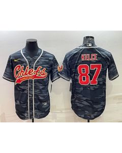 Men's Kansas City Chiefs Blank #87 Travis Kelce Grey/Navy Camo With Patch Cool Base Stitched Baseball Jersey