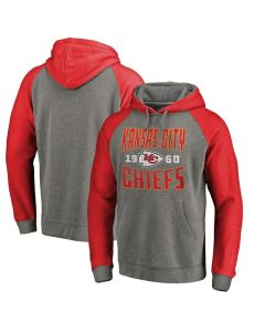 Men's Kansas City Chiefs Red/Grey 2020 Timeless Collection Antique Stack Tri-Blend Raglan Pullover Hoodie