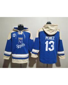 Men's Kansas City Royals #13 Salvador Perez Blue Ageless Must-Have Lace-Up Pullover Hoodie