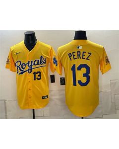Men's Kansas City Royals #13 Salvador Perez Gold Sluggerrr Patch Vapor Limited Jersey