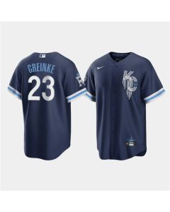 Men's Kansas City Royals #23 Zack Greinke 2022 Navy City Connect Cool Base Stitched Jersey
