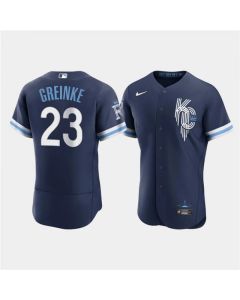 Men's Kansas City Royals #23 Zack Greinke 2022 Navy City Connect Flex Base Stitched MLB Jersey