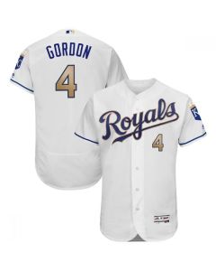Men's Kansas City Royals #4 Alex Gordon White/Gold Flex Base Stitched Jersey