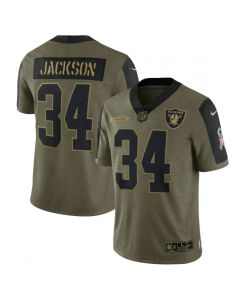 Men's Las Vegas Raiders #34 Bo Jackson 2021 Olive Salute To Service Limited Stitched Jersey