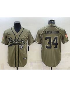 Men's Las Vegas Raiders #34 Bo Jackson 2022 Olive Salute to Service Cool Base Stitched Baseball Jersey
