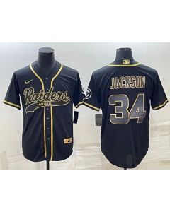 Men's Las Vegas Raiders #34 Bo Jackson Black Gold With Patch Cool Base Stitched Baseball Jersey