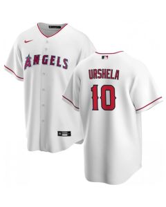Men's Los Angeles Angels #10 Gio Urshela White Cool Base Stitched Jersey