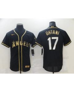 Men's Los Angeles Angels #17 Shohei Ohtani 2021 Black Golden Edition Flex Base Stitched Baseball Jersey
