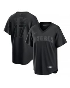 Men's Los Angeles Angels #17 Shohei Ohtani Black Pitch Black Fashion Replica Stitched Jersey