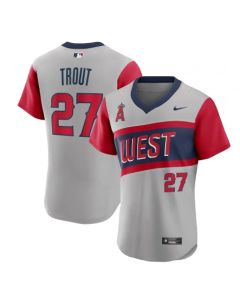 Men's Los Angeles Angels #27 Mike Trout 2021 Grey Little League Classic Road Flex Base Stitched MLB Jersey