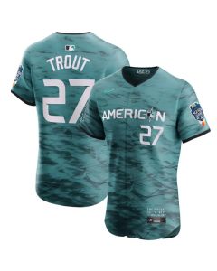 Men's Los Angeles Angels #27 Mike Trout Teal 2023 All-star Flex Base Stitched Jersey