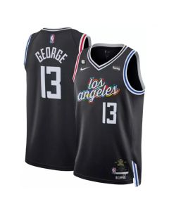 Men's Los Angeles Clippers #13 Paul George Black 2022/23 City Edition With NO.6 Patch Stitched Jersey