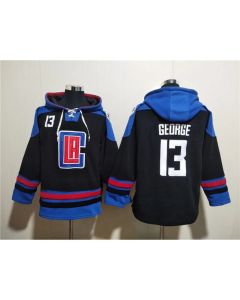 Men's Los Angeles Clippers #13 Paul George Black/Blue Lace-Up Pullover Hoodie