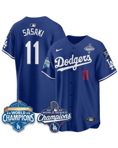 Men's Los Angeles Dodgers #11 Roki Sasaki Royal 2025 World Series Champions Jersey (Royal)