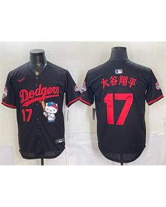 Men's Los Angeles Dodgers #17 Shohei Ohtani Black Hello Kitty Night 2025 World Series Champions Patch Stitched Baseball Jersey (Style 2)