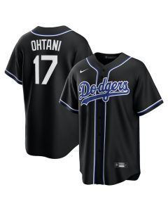 Men's Los Angeles Dodgers #17 Shohei Ohtani Black Lights Out Replica Player Jersey (Black)