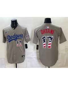 Men's Los Angeles Dodgers #17 Shohei Ohtani Grey 250 Fourth of July Road Stitched Baseball Jersey (Grey)