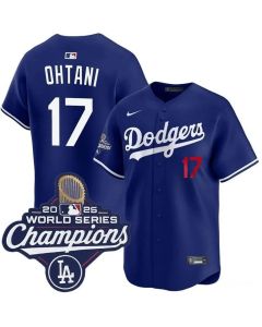 Men's Los Angeles Dodgers #17 Shohei Ohtani Royal 2025 World Series Champions Home Limited Jersey (Royal)