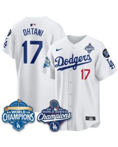 Men's Los Angeles Dodgers #17 Shohei Ohtani White 2025 World Series Champions Jersey (Style 2)