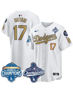 Men's Los Angeles Dodgers #17 Shohei Ohtani White 2025 World Series Champions Jersey (Style 3)