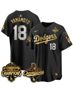 Men's Los Angeles Dodgers #18 Yoshinobu Yamamoto Black 2025 World Series Champions Jersey (Black)