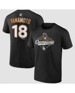 Men's Los Angeles Dodgers #18 Yoshinobu Yamamoto Black 2025 World Series Champions Name & Number T-Shirt (Black)