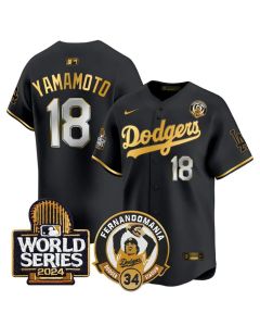 Men's Los Angeles Dodgers #18 Yoshinobu Yamamoto Black Fernando Valenzuela & 2024 World Series Patch Limited Stitched Baseball Jersey (Black)