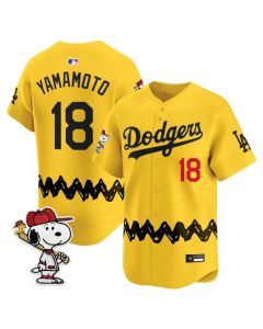 Men's Los Angeles Dodgers #18 Yoshinobu Yamamoto Gold LAD x Peanuts 2026 Baseball Jersey (Gold)