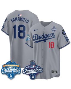 Men's Los Angeles Dodgers #18 Yoshinobu Yamamoto Gray 2025 World Series Champions Jersey (Gray)