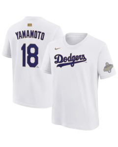 Men's Los Angeles Dodgers #18 Yoshinobu Yamamoto Nike White 2026 Gold Collection Name & Number T-Shirt (Style 2)