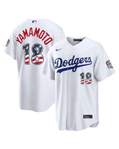 Men's Los Angeles Dodgers #18 Yoshinobu Yamamoto White USA 250 Fourth of July Home Stadium Jersey (White)