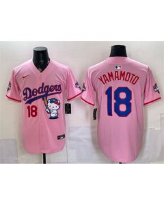 Men's Los Angeles Dodgers #18 Yoshinobu Yamamoto Pink Hello Kitty Night 2025 World Series Champions Patch Stitched Baseball Jersey (Pink)