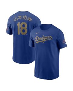 Men's Los Angeles Dodgers #18 Yoshinobu Yamamoto Royal 2025 Gold Collection Kanji Name & Number T-Shirt (Gold Royal)