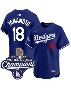 Men's Los Angeles Dodgers #18 Yoshinobu Yamamoto Royal 2025 World Series Champions Home Limited Jersey (Royal)