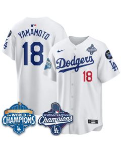 Men's Los Angeles Dodgers #18 Yoshinobu Yamamoto White 2025 World Series Champions Jersey (Style 2)