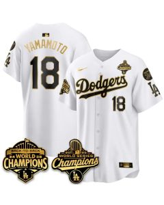 Men's Los Angeles Dodgers #18 Yoshinobu Yamamoto White 2025 World Series Champions Jersey (Style 4)