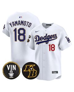 Men's Los Angeles Dodgers #18 Yoshinobu Yamamoto White 2026 Vin & Kobe Patch Gold Trim Vapor Premier Limited Stitched Baseball Jersey (White Gold)