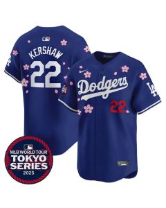 Men's Los Angeles Dodgers #22 Clayton Kershaw Bellinger Royal Tokyo 2025 Cool Base Stitched Baseball Jersey (Royal)