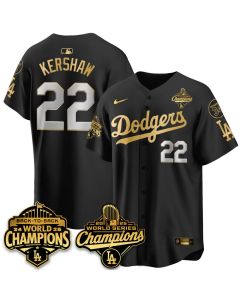 Men's Los Angeles Dodgers #22 Clayton Kershaw Black 2025 World Series Champions Jersey (Black)