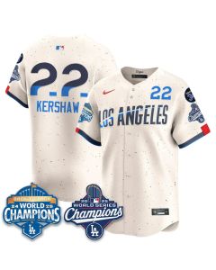 Men's Los Angeles Dodgers #22 Clayton Kershaw Cream 2025 World Series Champions Jersey (Cream)