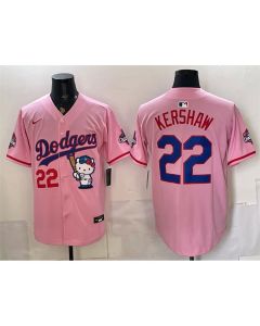Men's Los Angeles Dodgers #22 Clayton Kershaw Pink Hello Kitty Night 2025 World Series Champions Patch Stitched Baseball Jersey (Pink)