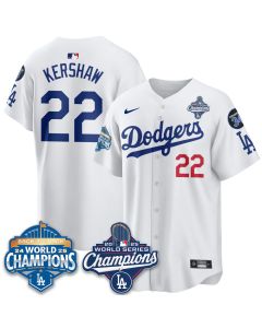 Men's Los Angeles Dodgers #22 Clayton Kershaw White 2025 World Series Champions Jersey (Style 2)
