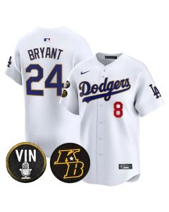 Men's Los Angeles Dodgers #24 Kobe Bryant White 2026 Vin & Kobe Patch Gold Trim Vapor Premier Limited Stitched Baseball Jersey (White Gold)