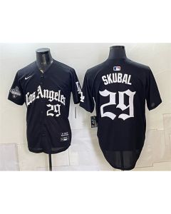 Men's Los Angeles Dodgers #29 Tarik Skubal Black LA Gothic Style 2025 World Series Champions Patch Limited Jersey (Black)